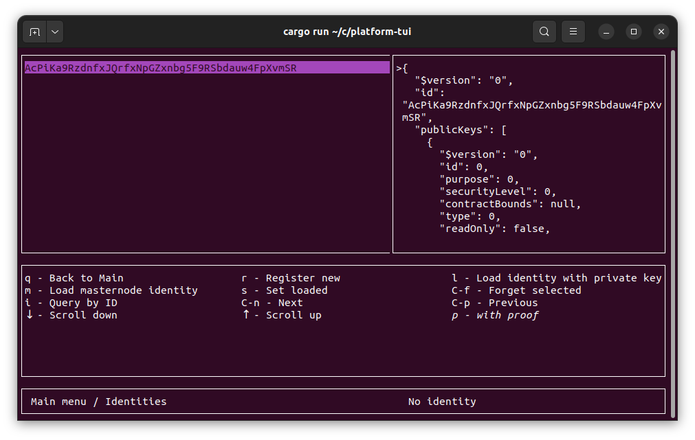 Identities screen